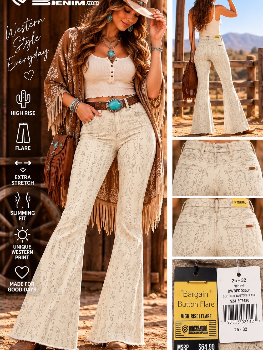 Rock & Roll Denim Bargain Button Flare Jeans NWT | 25x32 | Western Boho